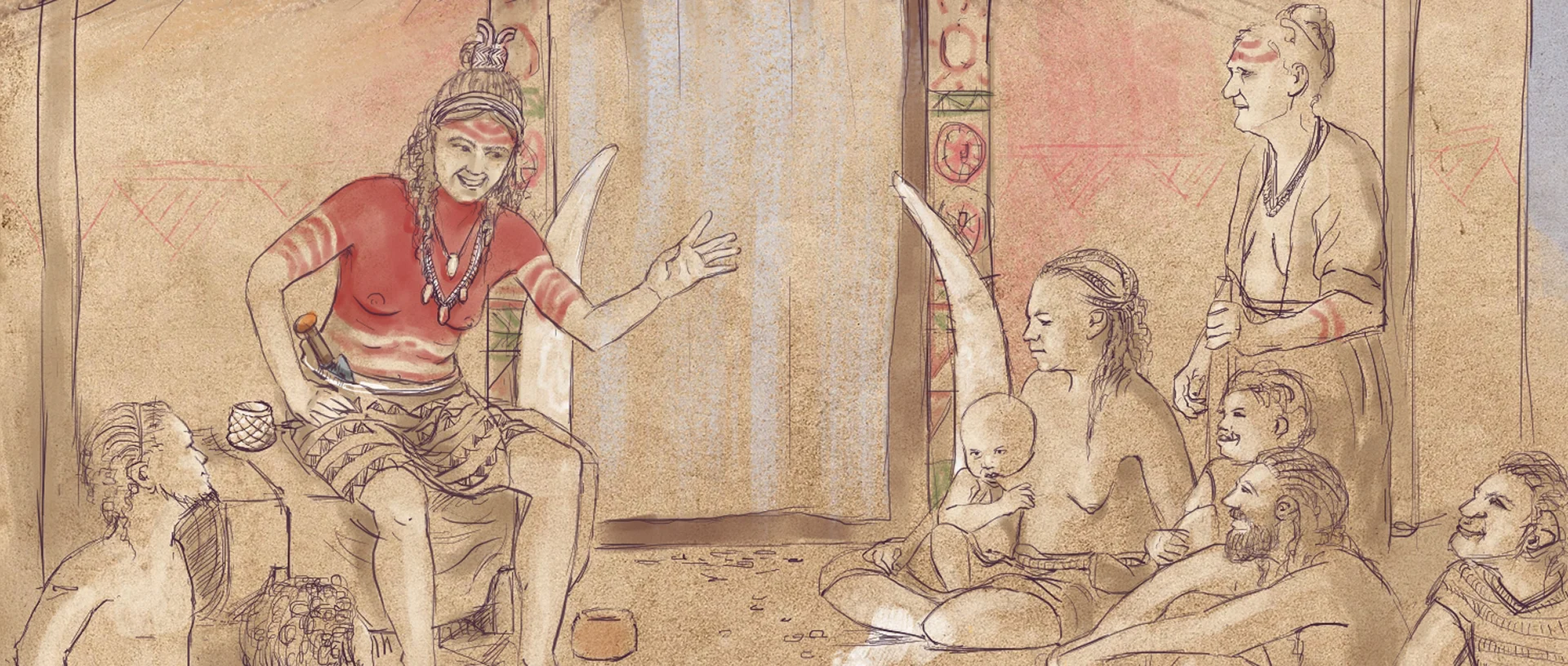 Zeichnung einer frühgeschichtlichen Versammlung um eine Feuerstelle, bei der die Anführerin das Wort hat