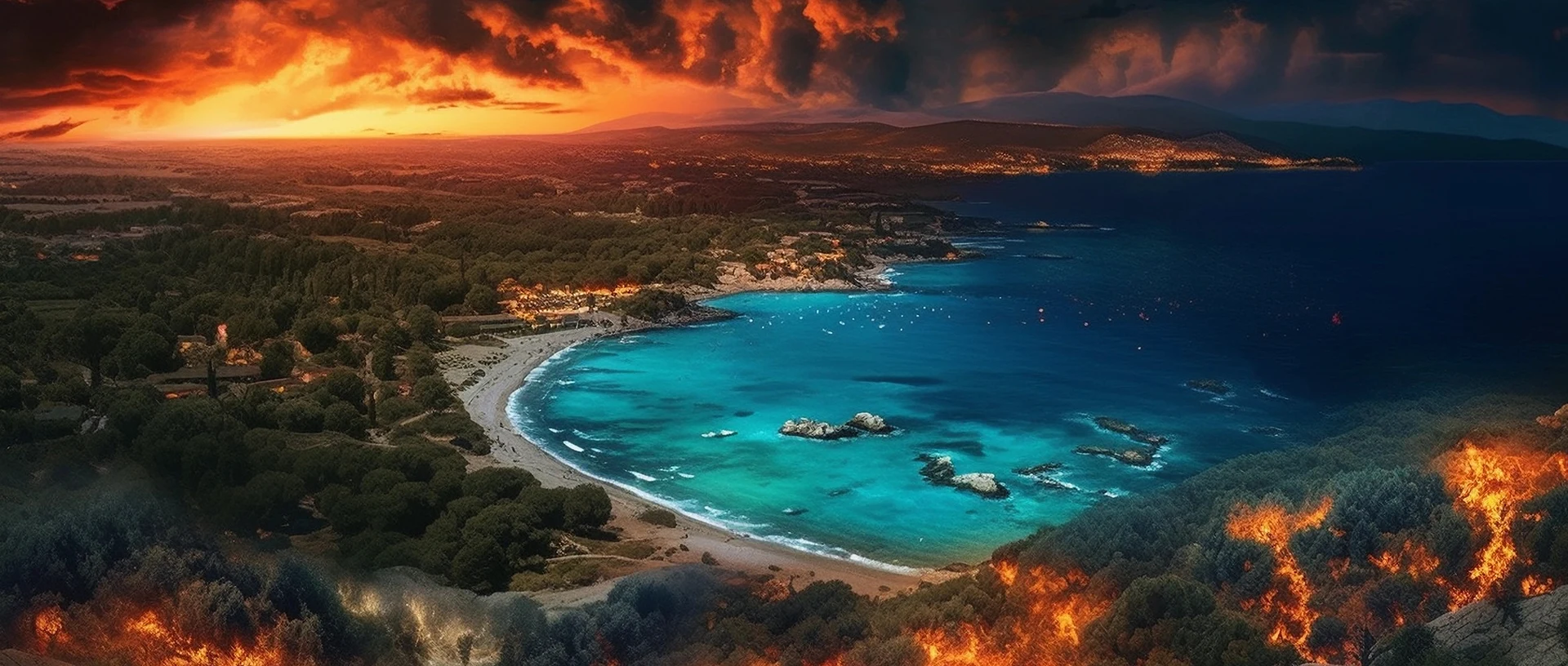 Foto von einer Meeresbucht auf Rhodos, die von tobenden Waldbränden eingekreist wird