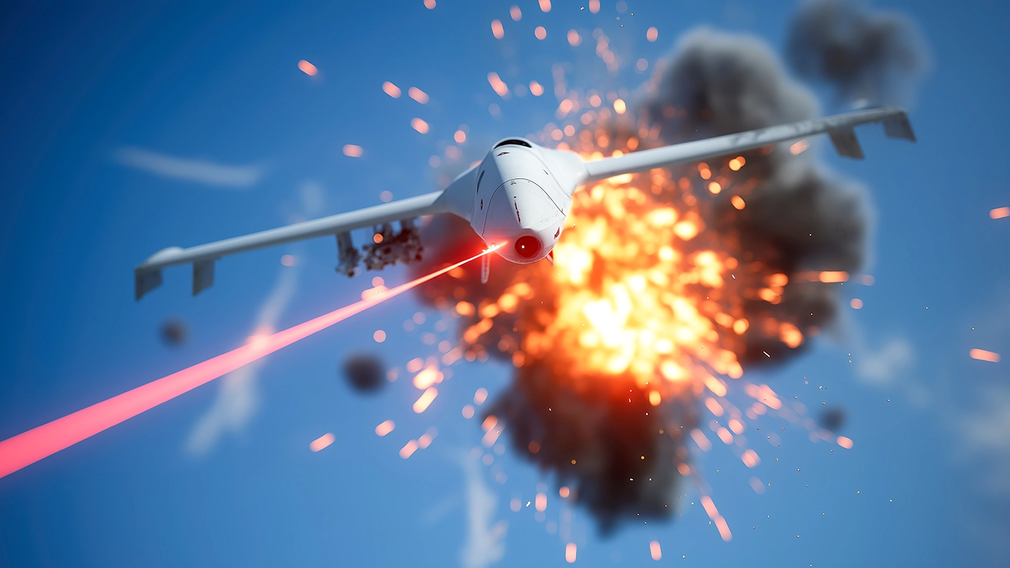 KI-generiertes Bild einer Drohne, die eine Explosion in der Luft verursacht