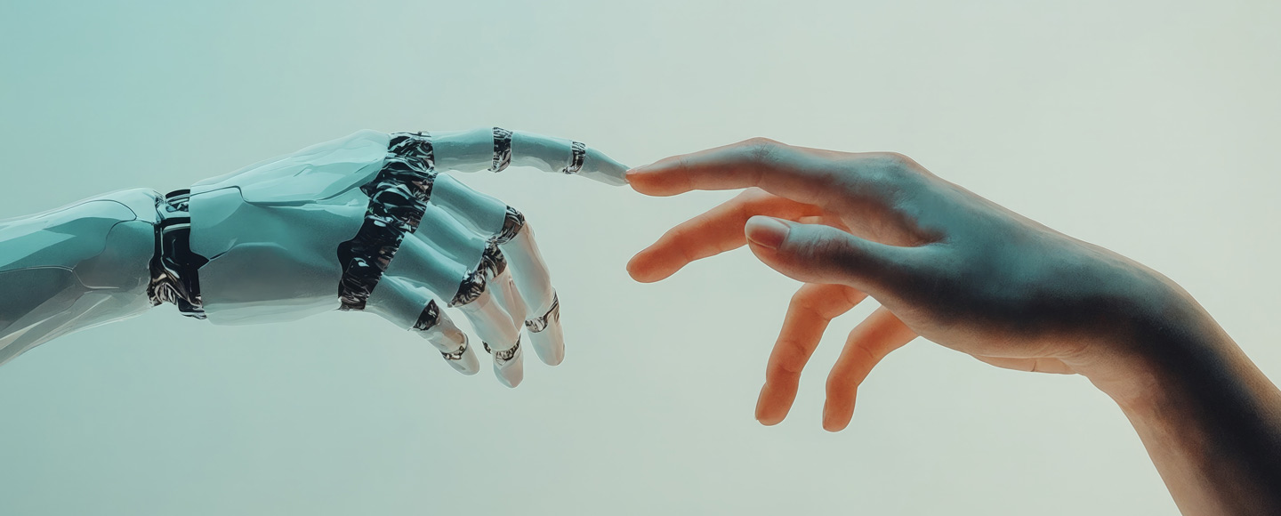 Eine Roboterhand und eine menschliche Hand berühren einander mit den Fingerspitzen