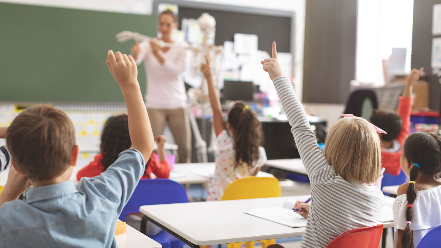 Schüler:innen zeigen in einem Klassenzimmer auf