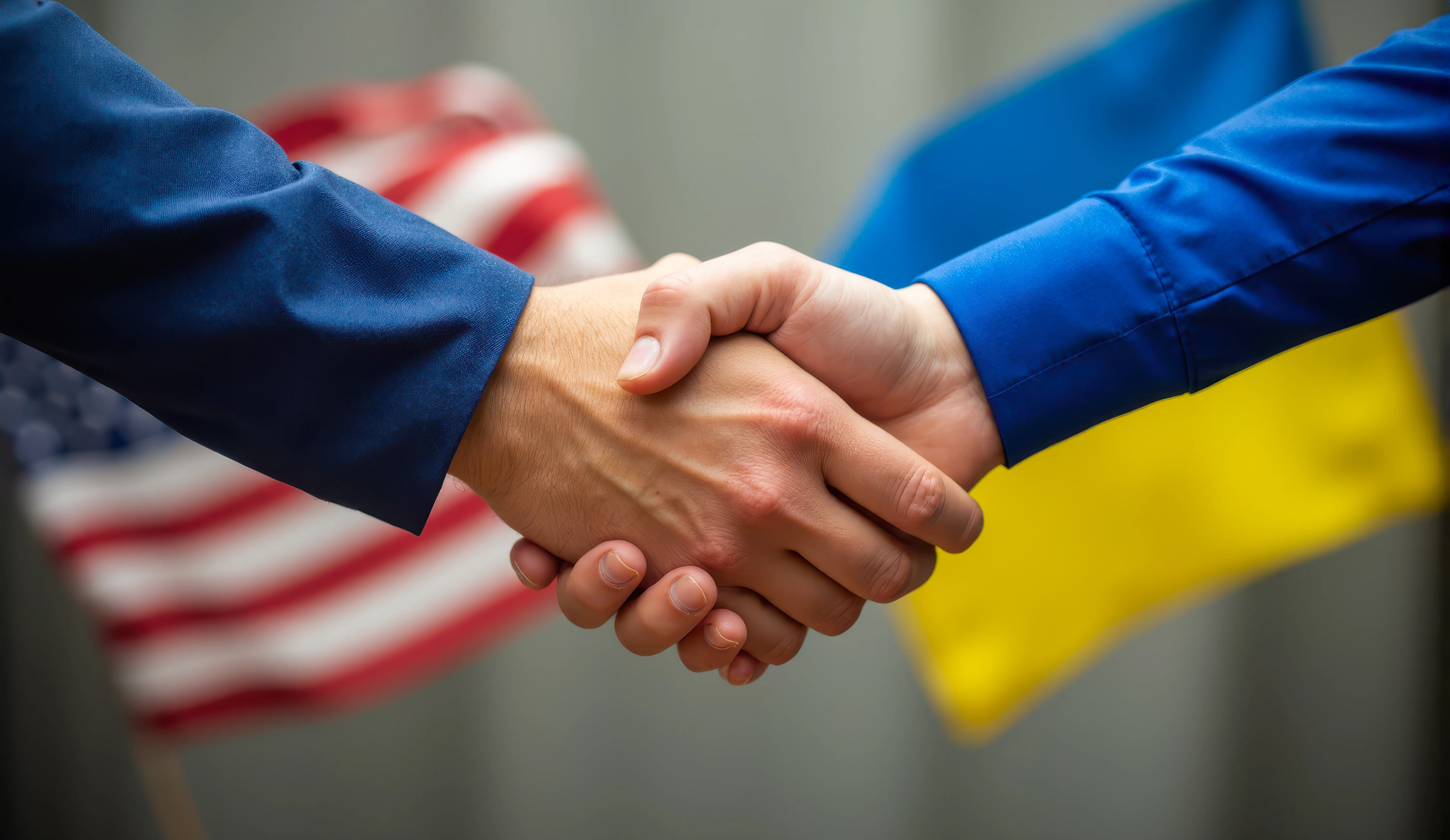 Ein Handschlag vor einer ukrainischen und einer US-amerikanischen Flagge symbolisiert den Rohstoffdeal zwischen den USA und der Ukraine