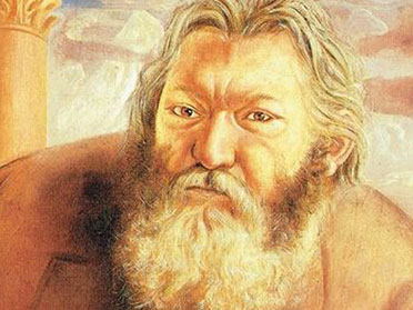 Porträt des Schriftstellers und Kunstkritikers Theodor Däubler: Ein älterer Mann mit langem grauem Haar und Vollbart blickt frontal in die Kamera; im Hintergrund eine säulenartige Architektur und ein heller Himmel.