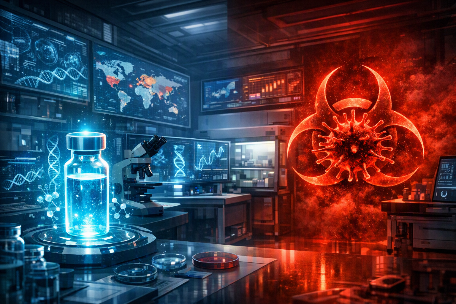 Ein modernes biomedizinisches Labor mit holografischen Darstellungen. Links ein leuchtendes Impfstoffmodell, rechts ein rotes Biohazard-Symbol mit einem Virus. Im Hintergrund Bildschirme mit DNA-Strukturen und Weltkarten. Symbolisiert Chancen und Risiken der Dual-Use-Forschung.