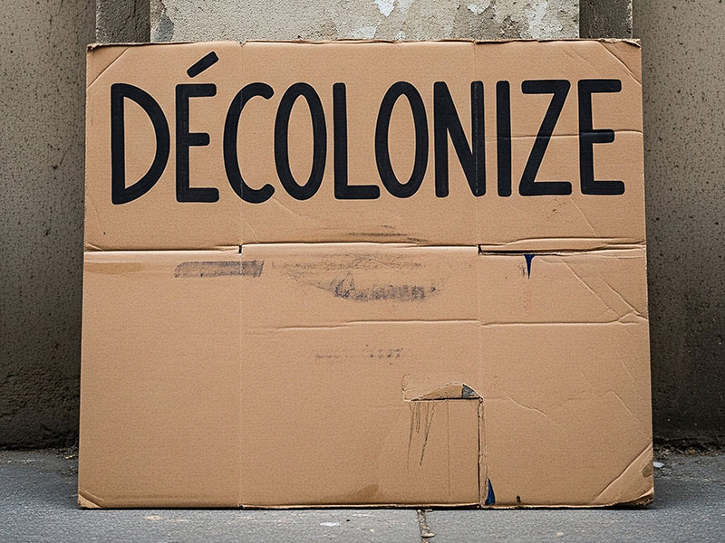 Ein handgeschriebenes Schild aus Pappe mit dem Wort „DÉCOLONIZE“ in großen schwarzen Buchstaben, das an eine Wand gelehnt ist.