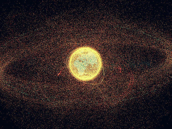 Visualisierung der Erde im Zentrum, umgeben von einer dichten Wolke aus Satelliten, Raketenresten und Weltraumschrott in verschiedenen Umlaufbahnen.