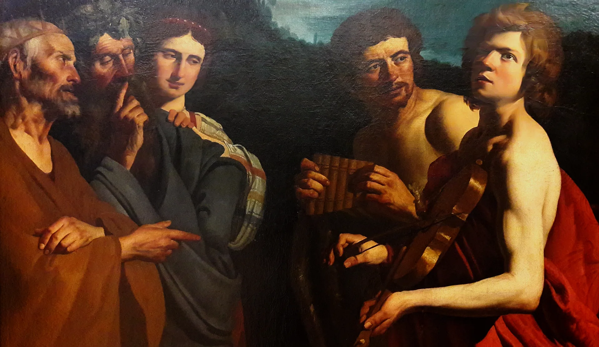 Gemälde zeigt Apollo mit Violine und Pan mit Flöte vor einer Gruppe von Menschen