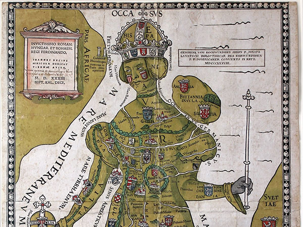 Eine historische Karte aus dem 16. Jahrhundert, die Europa als eine Frau darstellt. Die Figur trägt eine Krone und hält ein Zepter, während die Länder Europas in ihrem Körper dargestellt sind.
