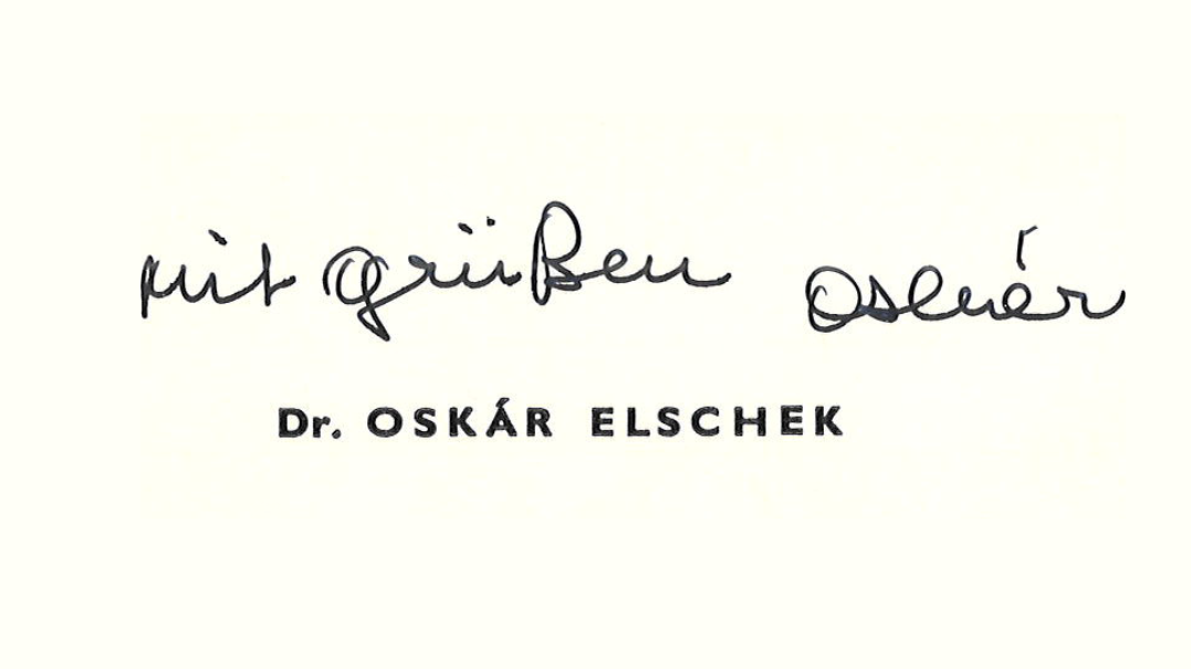 Bild einer handschriftlichen Notiz von Oskár Elschek auf einer Visitenkarte