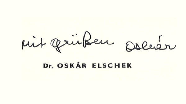 Bild einer handschriftlichen Notiz von Oskár Elschek auf einer Visitenkarte