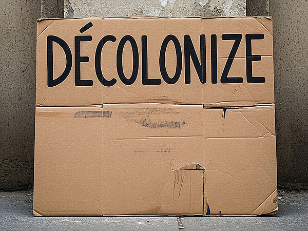 Ein handgeschriebenes Schild aus Pappe mit dem Wort „DÉCOLONIZE“ in großen schwarzen Buchstaben, das an eine Wand gelehnt ist.