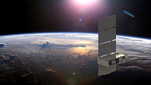  	The image shows the Cubesat "CUTE" circling the Earth in front of a sunset.