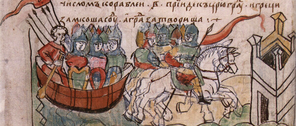 Oleg von Kiew auf seinem Feldzug gegen Konstantinopel 907. Er verlegte das Herrschaftszentrum der Rus von Nowgorod nach Kiew. 