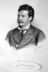 Die Abbildung zeigt ein Porträt des Musikers in einer Lithographie von Josef Bauer, datiert mit 1884.