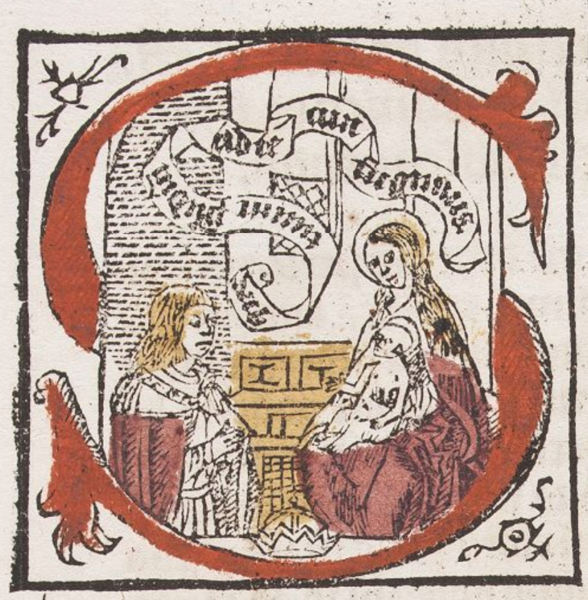 Unio pro co[n]servatio[n]e rei publice, Antwerpen: Jan de Gheet 1515. Initiale der Motette Sub tuum praesidium von Benedictus de Opitiis auf fol. Av (Leuven, Katholieke Universiteit Leuven, Libraries Special Collections, R2b2529; äußerer Bogen auf Latein). 