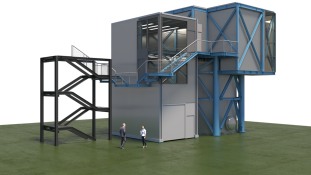 Das CAD-Modell zeigt den künftigen Aufbau des COSINUS-Experiments, das im Gran-Sasso-Untergrund-Labor eingerichtet wird. Kernstück ist ein 7 Meter hoher Wassertank (u. re.), in dem sich die Detektoren aus Natriumiodid befinden.