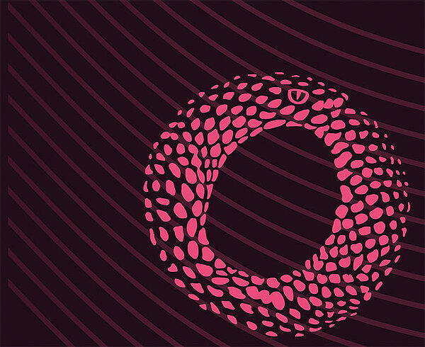 ORTHPOL-Logo: in ringförmiges Muster aus leuchtend pinken, unregelmäßigen Punkten wird von diagonalen Linien durchzogen. 