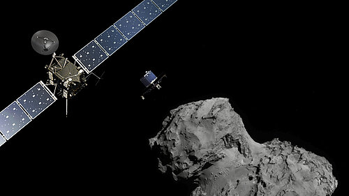 The artistic rendering shows the Rosetta space probe and its small lander, Philae, in deep space. The probes are approaching the gray, rugged surface of Comet 67P/Churyumov-Gerasimenko.