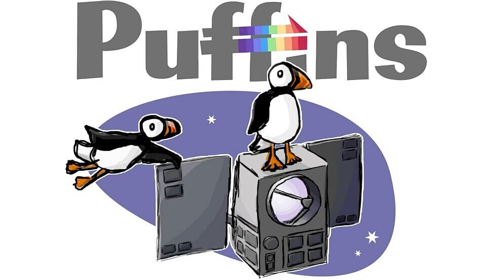 Logo von PUFFINS mit 2 Papageientauchern und einer Zeichnung des Satelliten