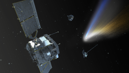 An artist's rendering shows the Comet Interceptor spacecraft in space near a comet. The main spacecraft releases two smaller probes to study the comet and its two-colored dust and gas tail from different angles.