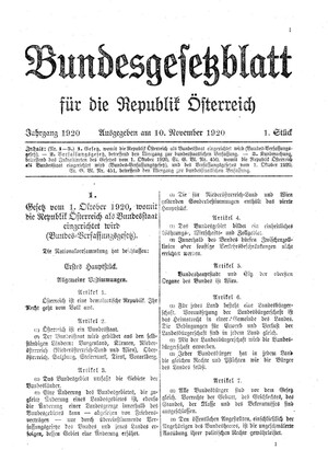 Die Seite 1 des Bundesgesetzblatts aus dem Jahr 1920. Die Seite 1 des Bundesgesetzblatts aus dem Jahr 1920.