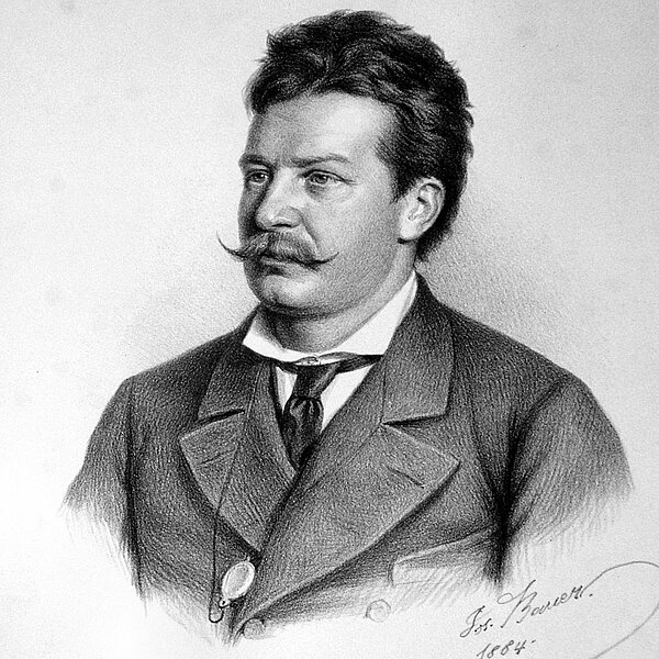 Die Abbildung zeigt ein Porträt des Musikers in einer Lithographie von Josef Bauer, datiert mit 1884.