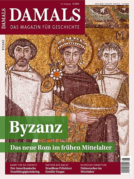 Cover der Zeitschrift "Damals" vom 16. Mai 2025; Kaiser Justinian Mosaike in der Kirche San Vitale in Ravenna um 545