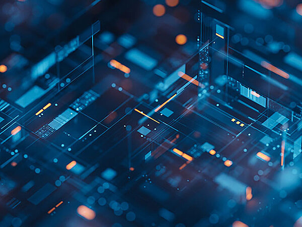Abstrakte Darstellung eines digitalen Netzwerks mit leuchtenden blauen und orangefarbenen Linien und geometrischen Formen, die Technologie und Datenfluss symbolisieren.