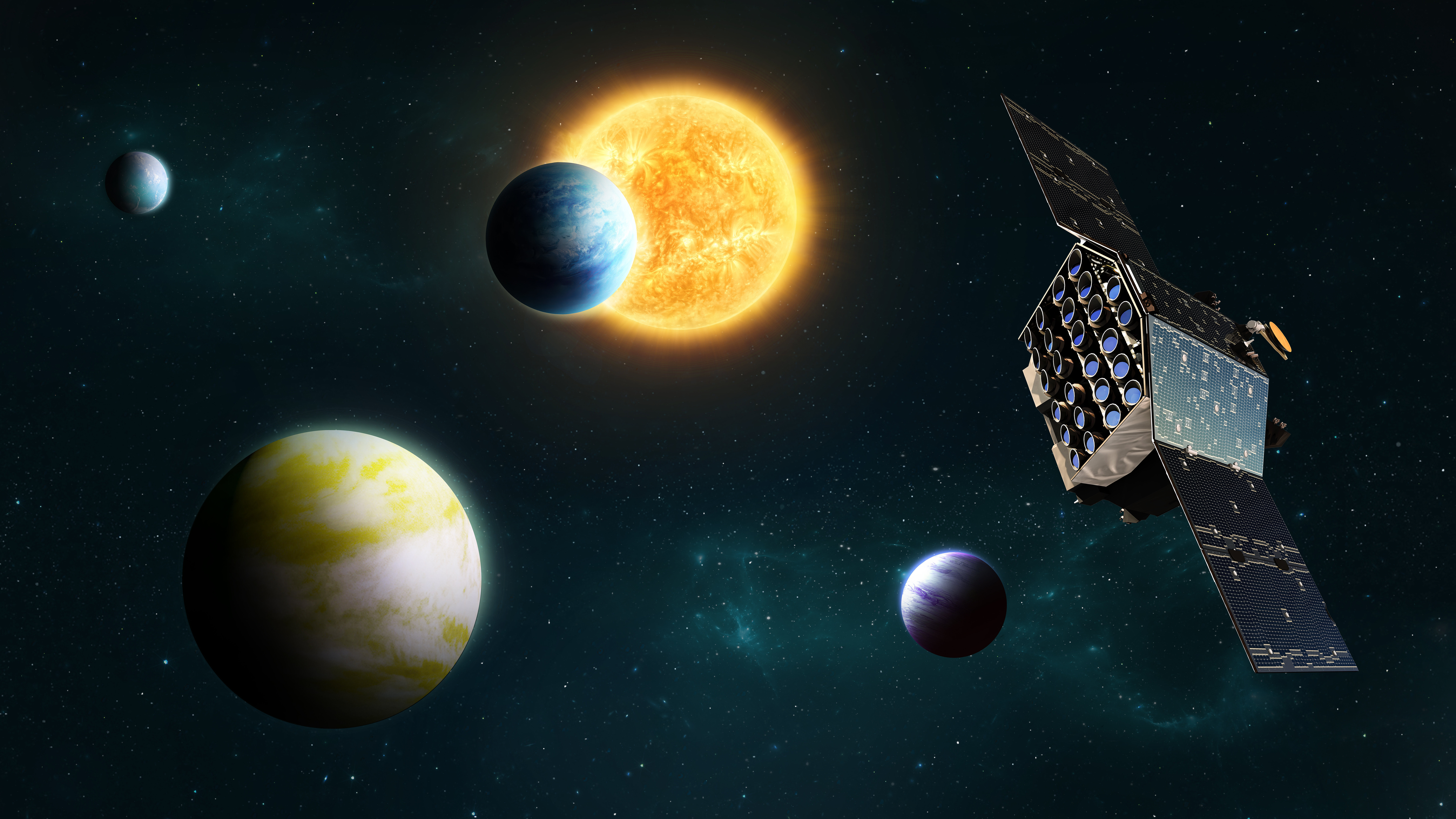 Künstlerische Darstellung der ESA-Mission Plato (PLAnetary Transits and Oscillations of stars) bei der Beobachtung möglicher Planeten