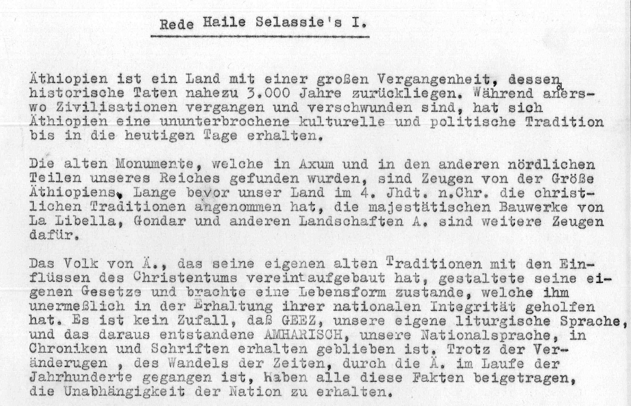 Seite mit einem Auszug aus der deutschen Übersetzung einer Rede von Kaiser Haile Selassie I. Dokumentiert im Phonogrammarchiv als Anhang zum Protokoll der Tonaufnahme B 5540.