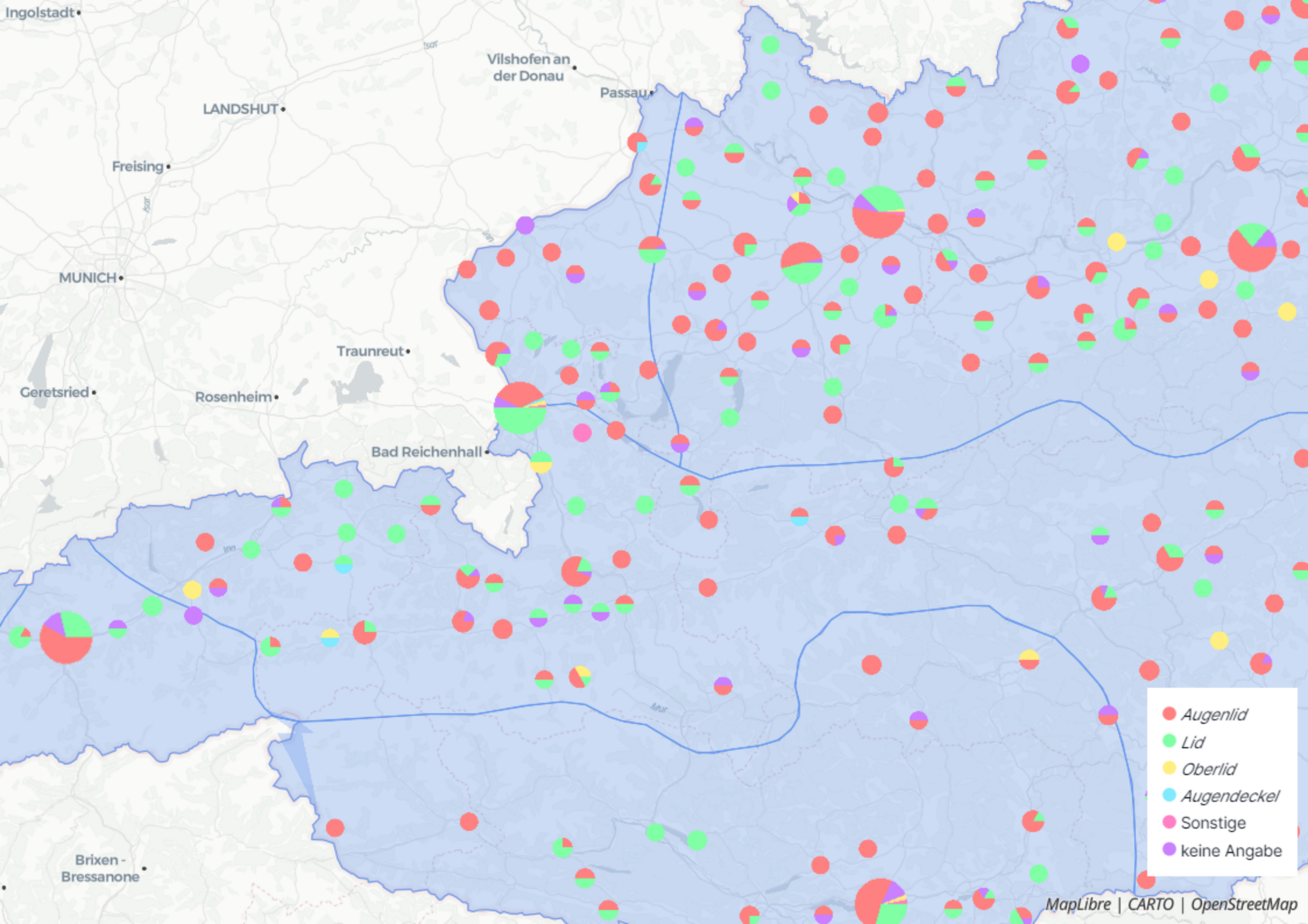 Detailausschnitt der OpenStreetMap zeigt Westösterreich in Pastellblau mit zahlreichen Tortendiagrammen für "Augenlid, Lid, Oberlid, Augendeckel, Sonstige und keine Angabe" in diversen Regionen.
