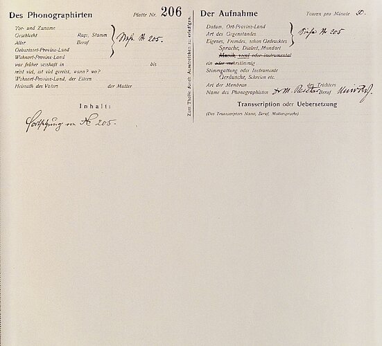 Abb. 4: Protokollblatt zur Aufnahme Ph 206, 30.5.1901.