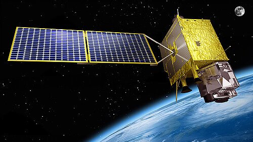 An artistic rendering of the South Korean weather satellite GEO-KOMPSAT-2A in space, with a wide-spanning blue solar panel set against the curved horizon of Earth and a small moon in the background.