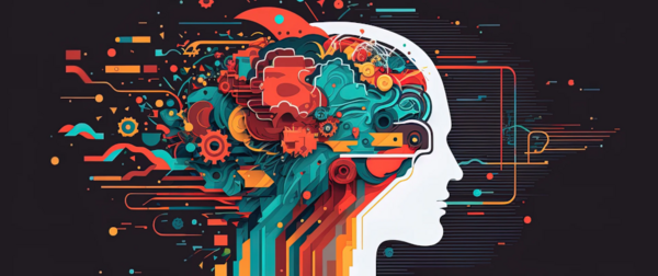 Silhouette of a head in profile with colourful mechanical parts coming out the back of the head. If is abstract and reminds of a collague. Some details show that the image is AI generated.