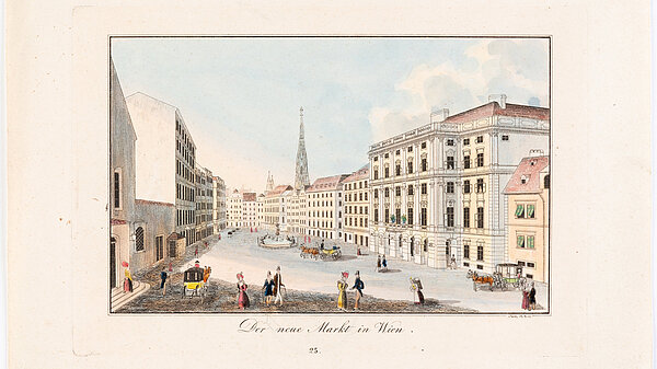 olorierte Ansicht des Neuen Markts in Wien mit dem Donnerbrunnen, Kutschen und Spaziergängern; im Hintergrund erhebt sich der Turm des Stephansdoms zwischen den Häuserzeilen