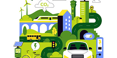 Grafische Abbildung in hellen und dunklen Grüntönen, die einen Zug, einen Bus, ein Auto und ein Fahrrad zeigen, aber auch eine Wolke, in der "CO2" steht, Windräder, Solarzellen und eine E-Tankstelle.