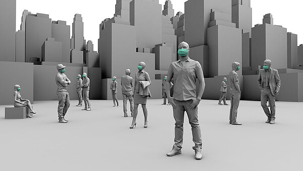 Illustration von lose beieinander stehenden schematisch dargestellten Menschen mit Mundschutz