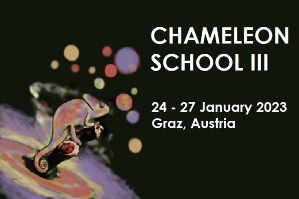 Poster mit der Aufschrift "Chameleon School |||". Das Event findet am 24 - 27 Jänner 2023 in Graz statt. Links ist eine künstlerische, bunte Darstellung eines Chamäleons.