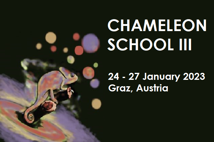 Poster mit der Aufschrift "Chameleon School |||". Das Event findet am 24 - 27 Jänner 2023 in Graz statt. Links ist eine künstlerische, bunte Darstellung eines Chamäleons.