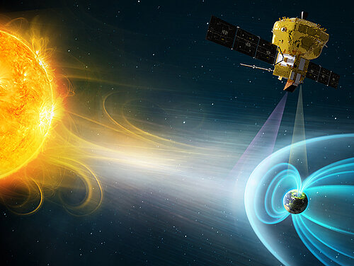 A space scene showing the bright yellow Sun on the left, sending a stream of glowing light toward Earth on the right. Earth appears small, wrapped in smooth, blue, bubble‑like shapes that arc around it. Above Earth, a gold spacecraft floats against the dark, star‑filled background, with two narrow beams pointing down toward the planet.