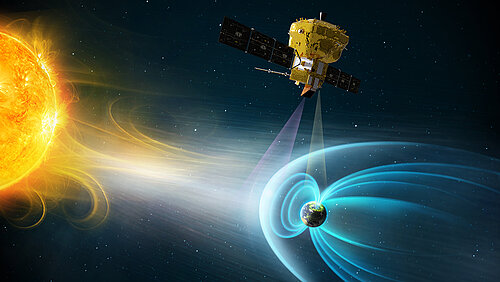 A space scene showing the bright yellow Sun on the left, sending a stream of glowing light toward Earth on the right. Earth appears small, wrapped in smooth, blue, bubble‑like shapes that arc around it. Above Earth, a gold spacecraft floats against the dark, star‑filled background, with two narrow beams pointing down toward the planet.