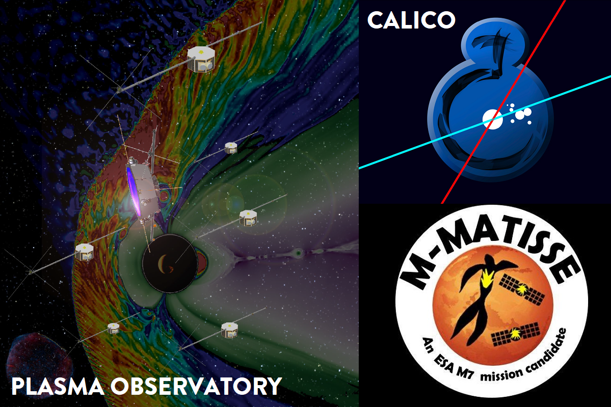 Grafik zu drei ESA-Missionskandidaten: Plasma Observatory, Calico und M-Matisse mit Logos.