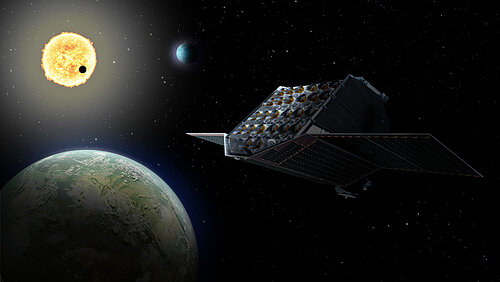 The artist's rendering shows a box-shaped space telescope with solar sails flying through the dark, star-studded cosmos. In the background, a bright yellow sun and one large and one smaller planet are visible.