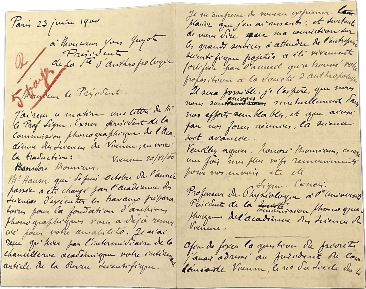Abb. 2: Brief von Léon Azoulay an Yves Guyot, 23.6.1900; Paris, Muséum national d’Histoire naturelle (Bibliothèque centrale). © SAP (Photo: C. Liebl)