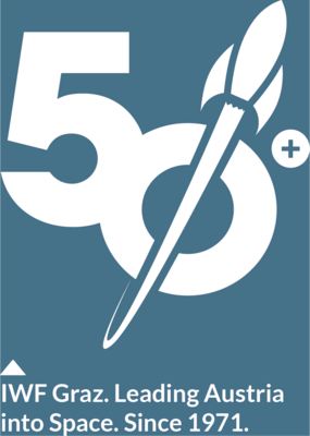 anniversary logo featuring the number 50, a rocket and the slogan "IWF Graz. Leading Austria into Space. Since 1971."