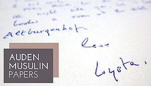 Handwritten letter excerpt and project logo for Auden Musulin Papers