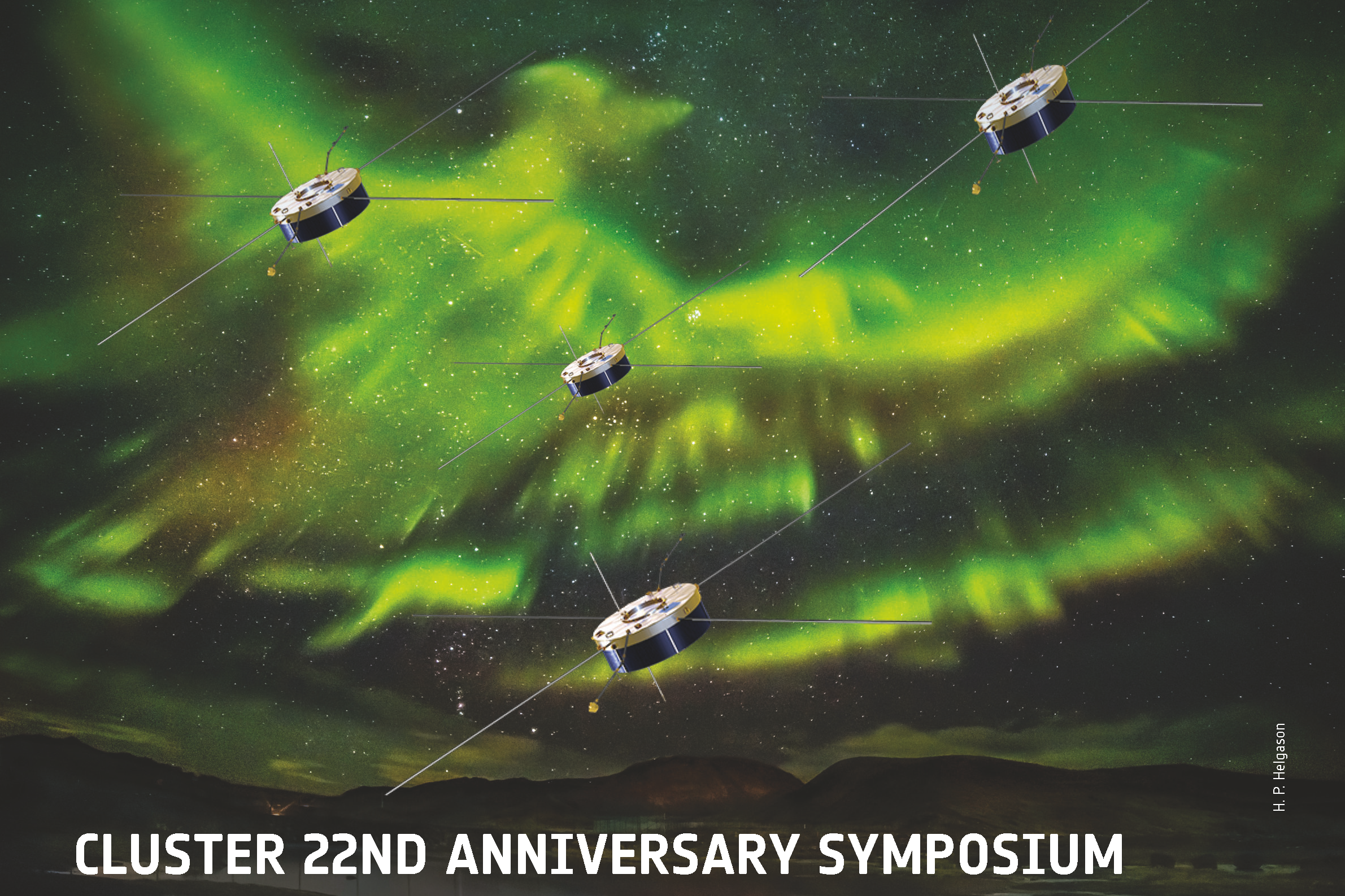 Plakat mit drei Satelliten im Flug vor einem intensiv grünen Polarlicht am Nachthimmel.