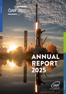 Cover of the IWF annual Report 2025, showing the launch of SWFO-L1 aboard a Falcon 9 