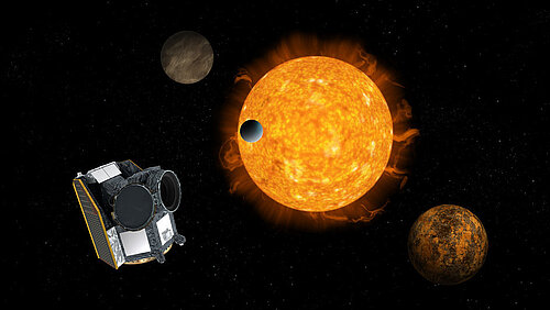 This image shows a digital 3D illustration of the European space telescope CHEOPS in space, observing a stellar system with several exoplanets.