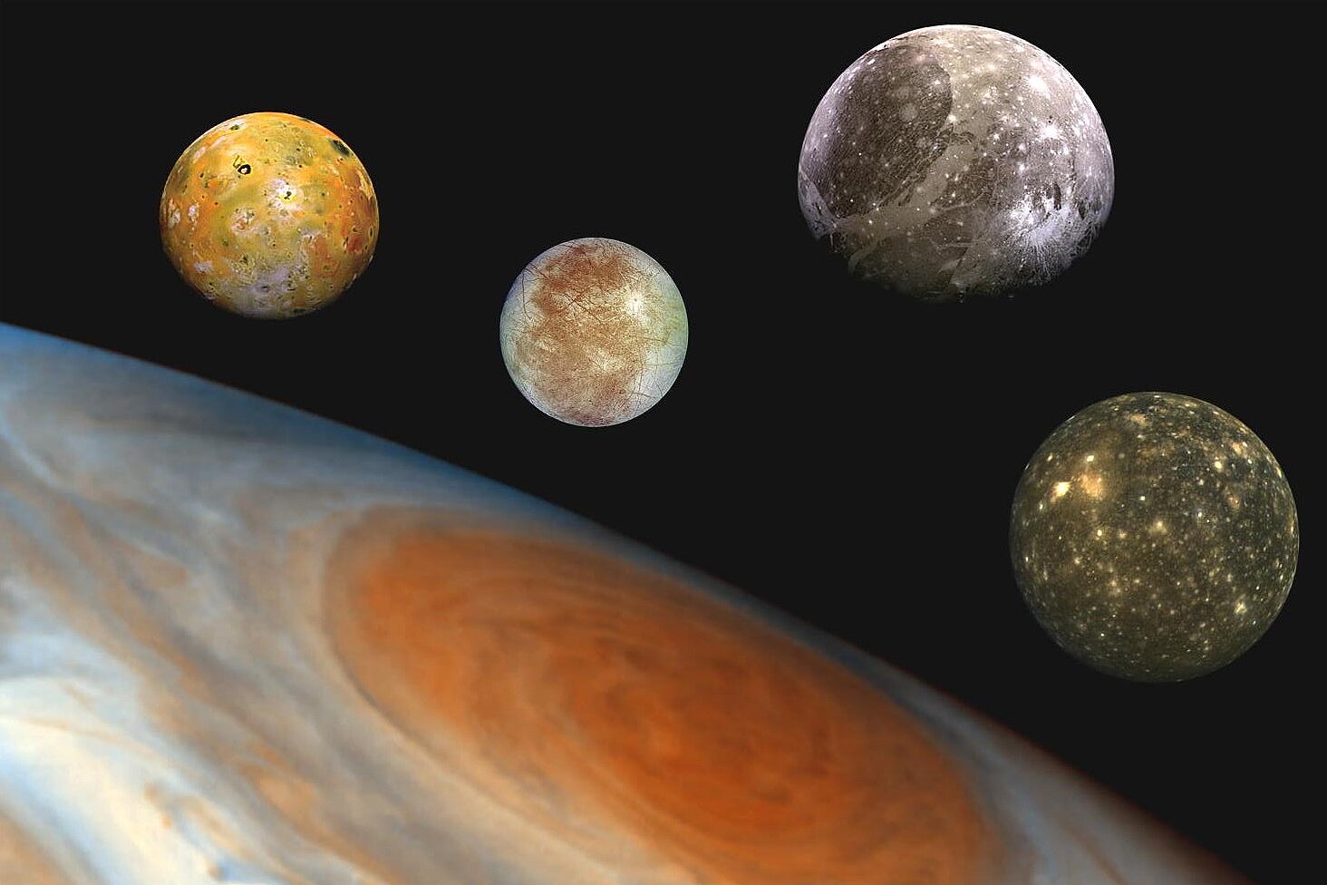 Montage des Planeten Jupiter mit dem Großen Roten Fleck und vier seiner Monde.